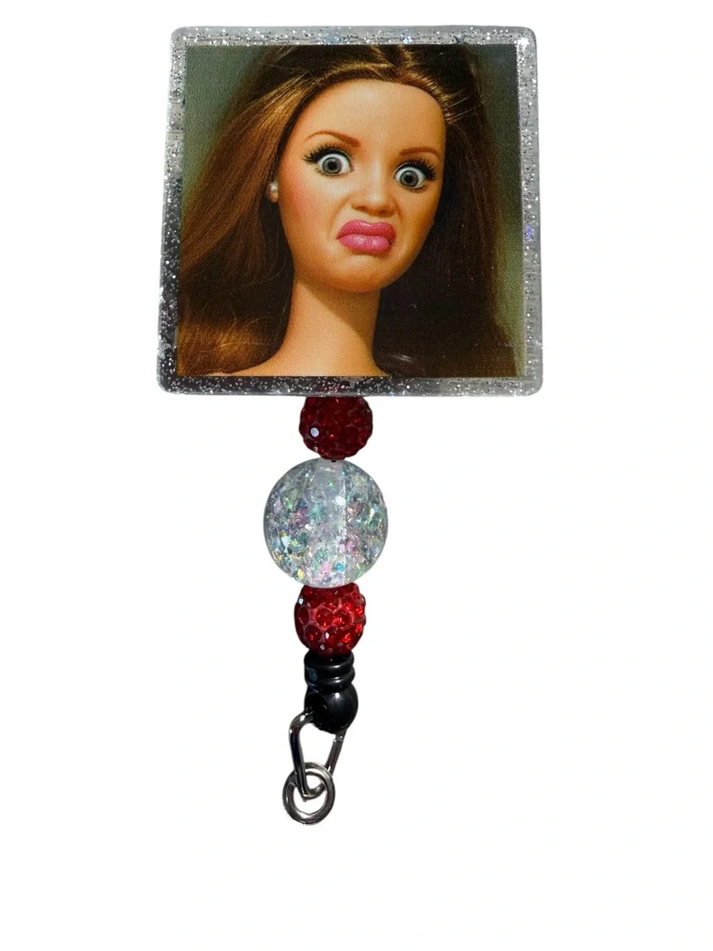 Novelty Beaded Badge Reel Holder with Glitter Square Charm - Red/White